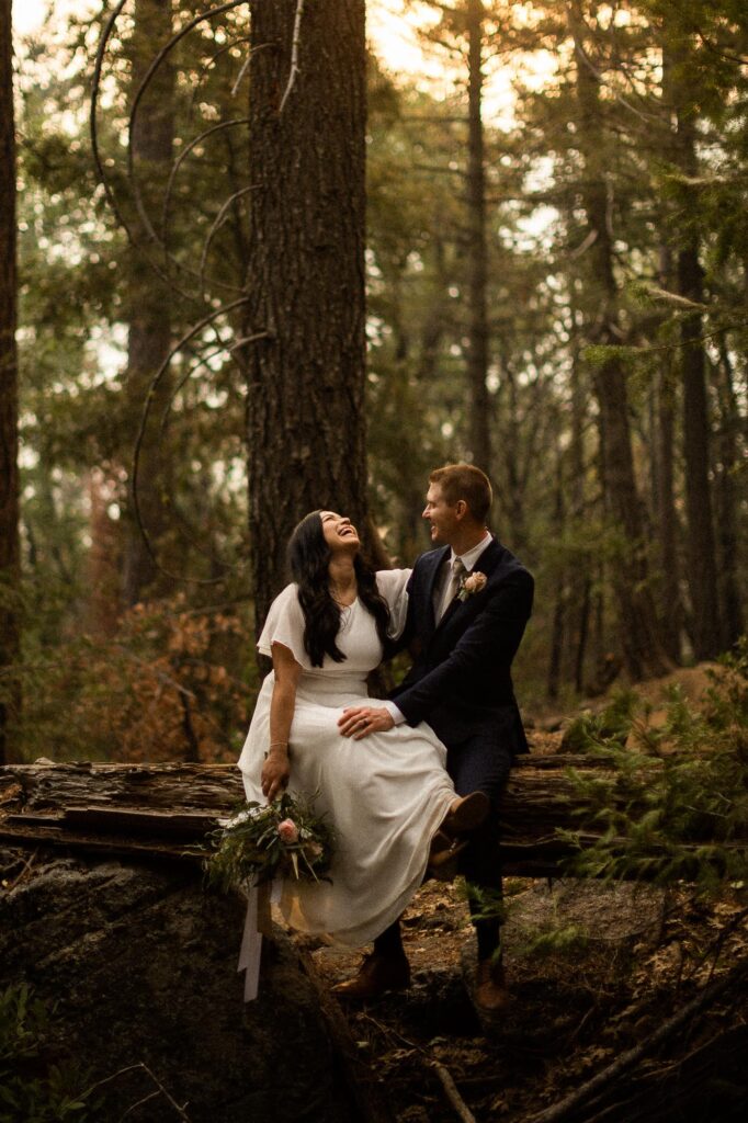 Couple sitting on a log in Yosemite Valley during their Yosemite elopement surrounded by pine trees